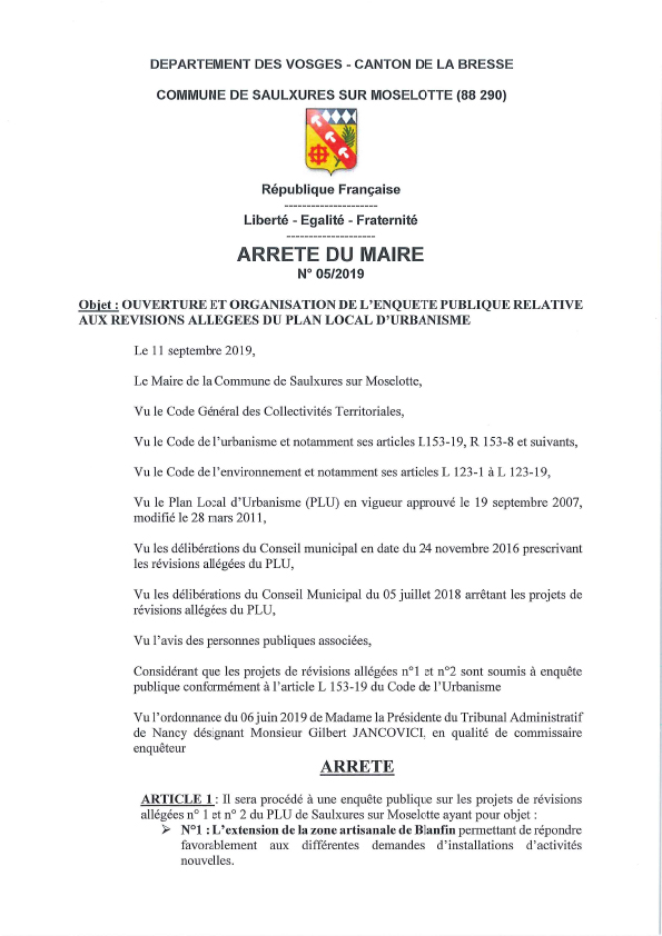 ARRETE DU MAIRE N°05 2019 — ENQUETE PUBLIQUE REVI­SIONS ALLE­GEES PLU SAULXURES