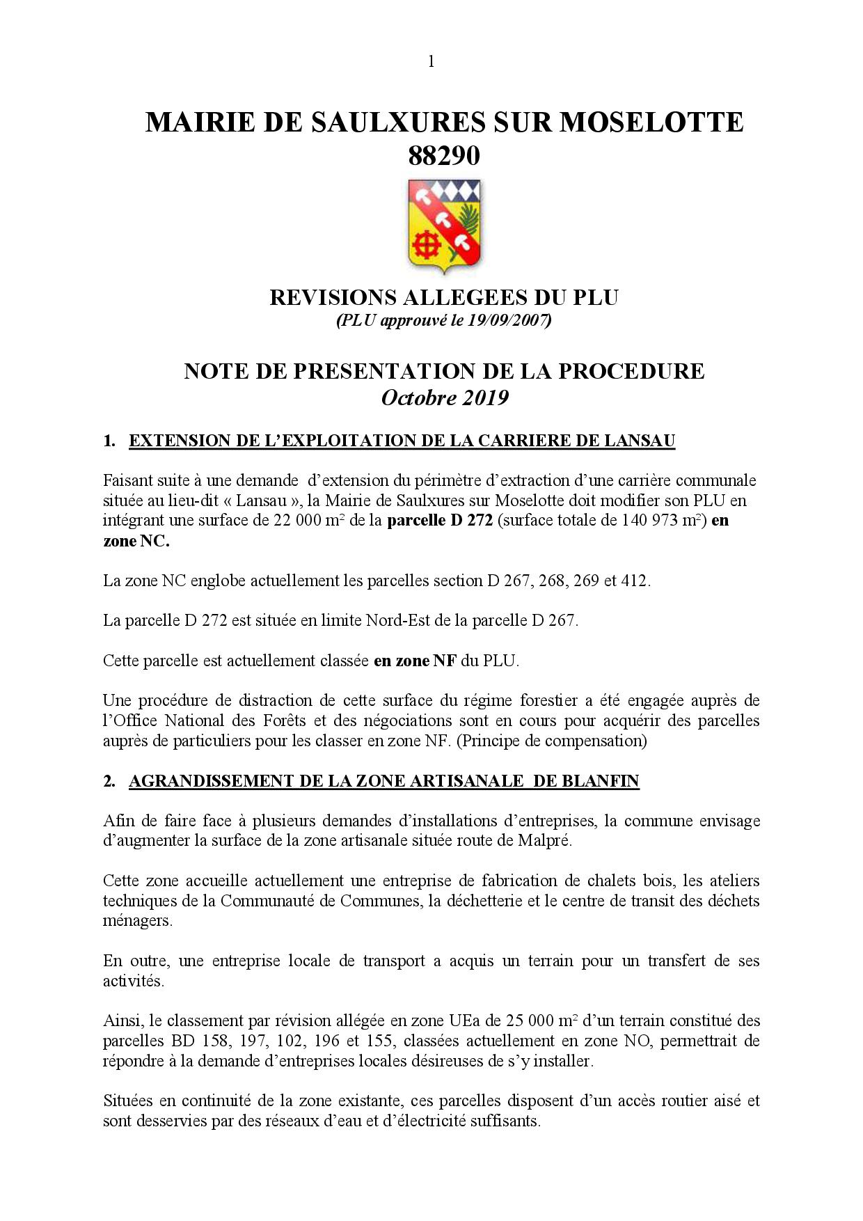 NOTE DE PRE­SEN­TA­TION PRO­CE­DURES REVI­SIONS ALLE­GEES DU PLU N°1 ET N°2