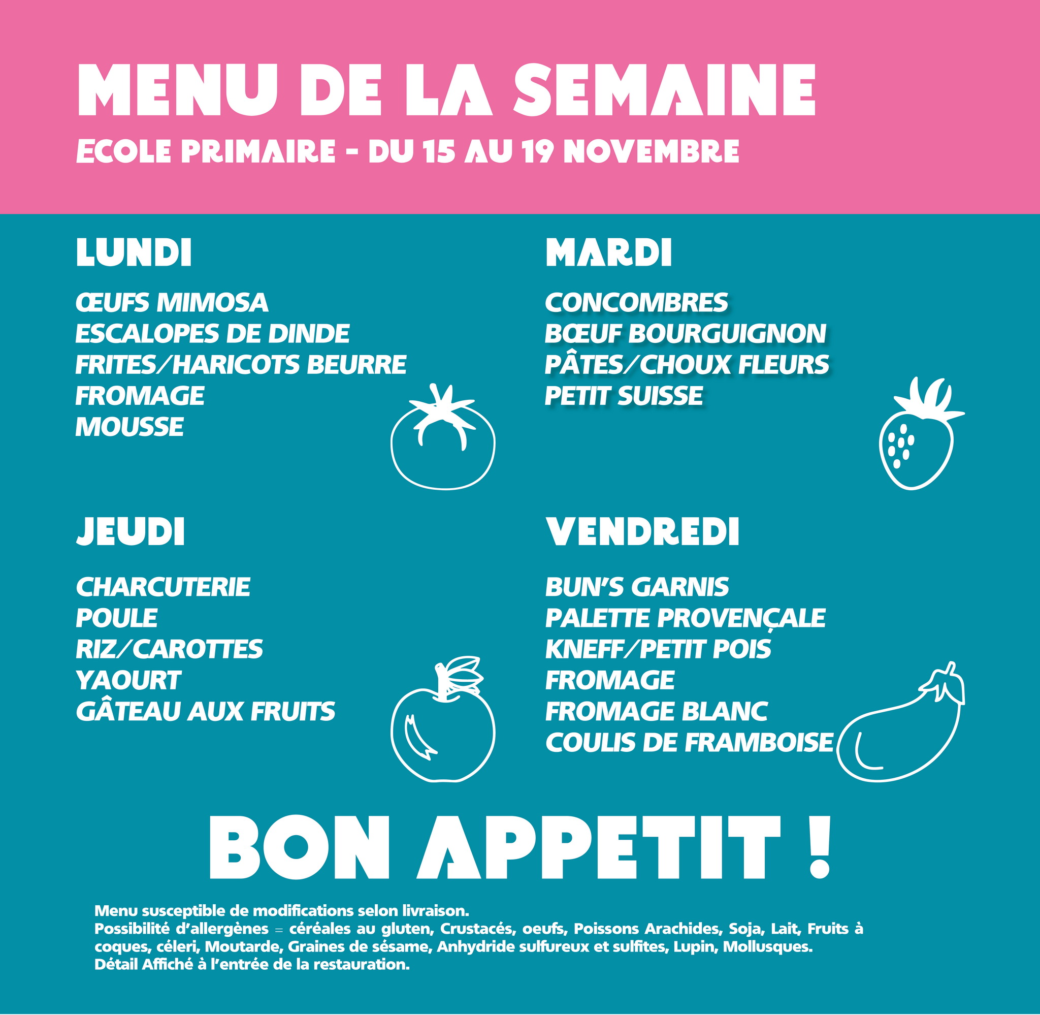 Menu de la semaine pour le écoles