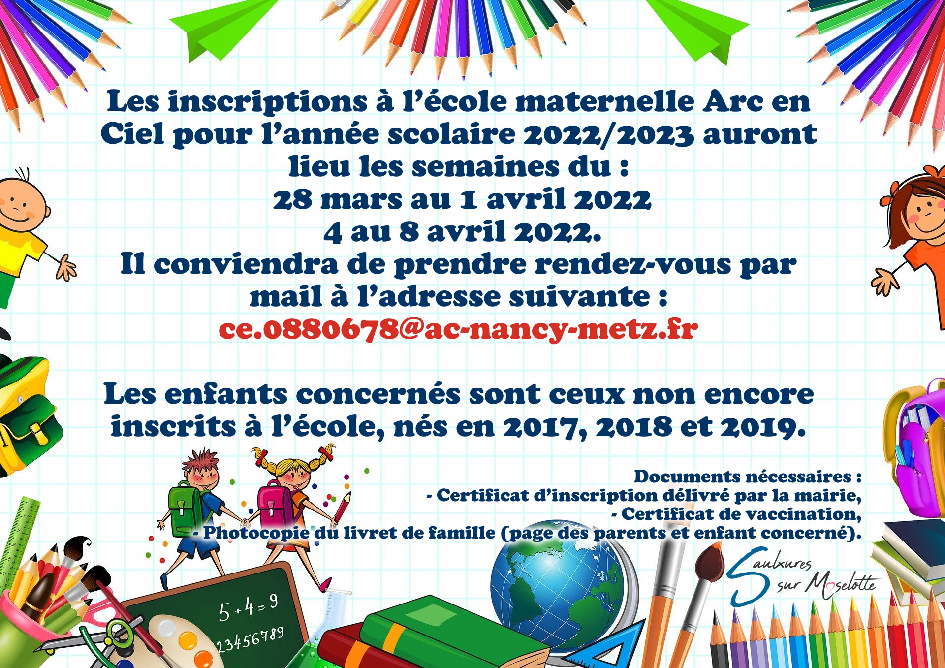 Ins­crip­tions à l’école mater­nelle Arc en Ciel