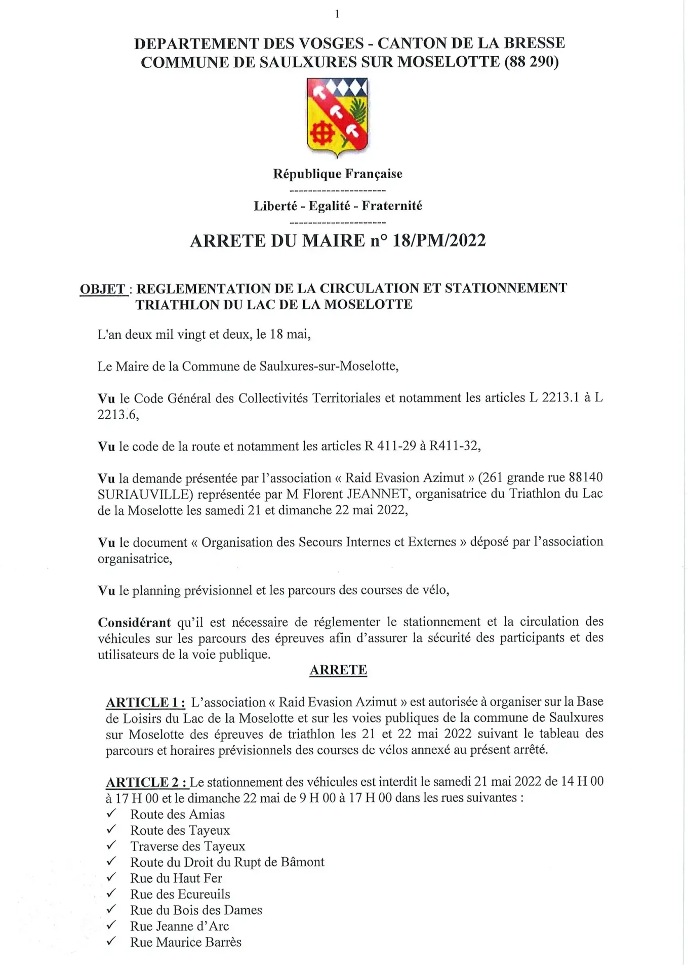 TRIATHLON / ARRETE DU MAIRE n° 18/PM/2022