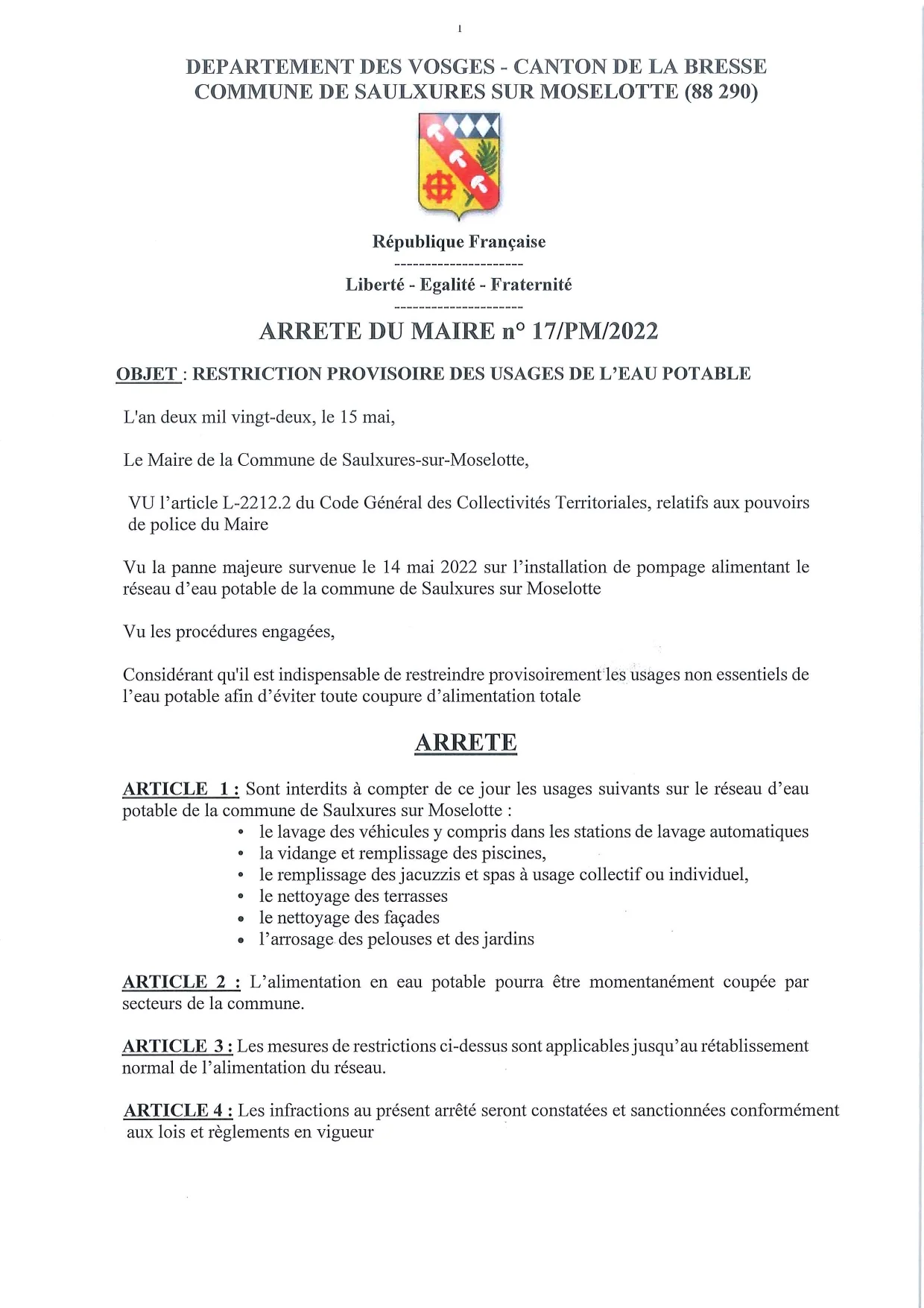 Arrêté Municipal Restreignant Les Usages De L&rsquo;eau