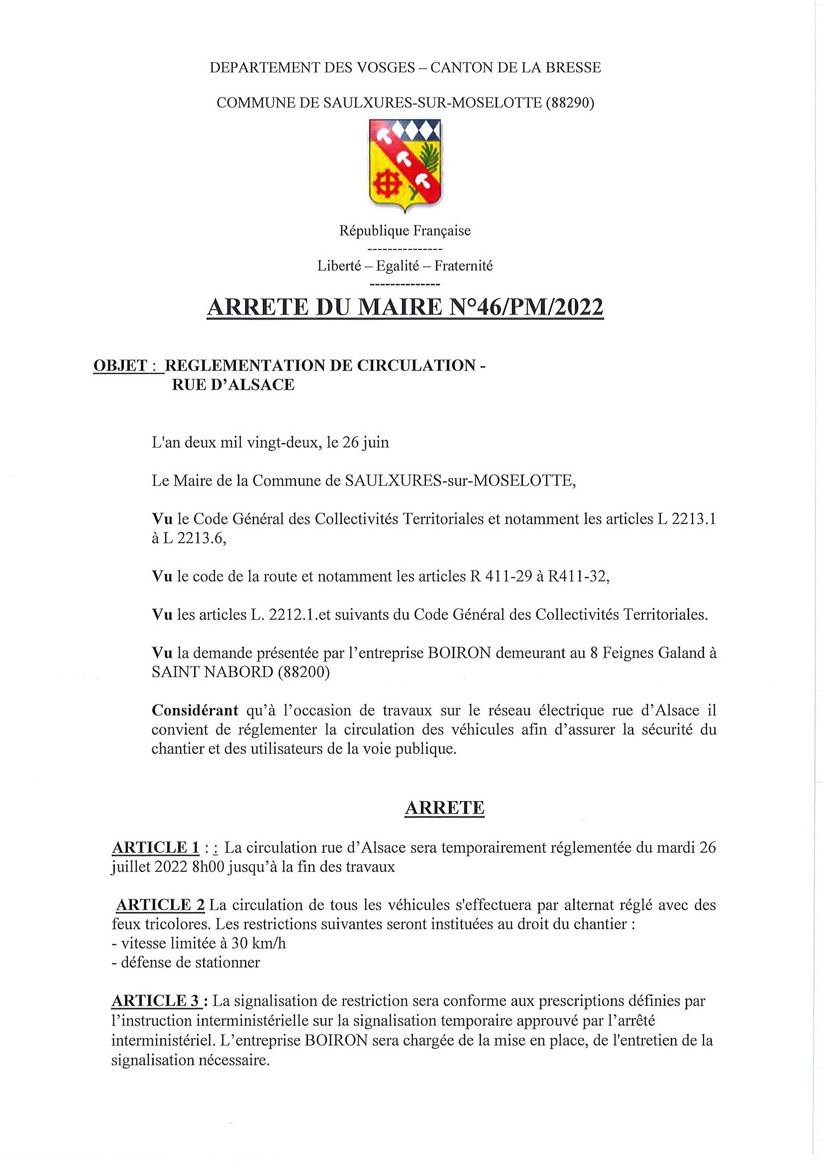 Arrê­té Pm N°46 2022 Régle­men­ta­tion cir­cu­la­tion Rue Alsace