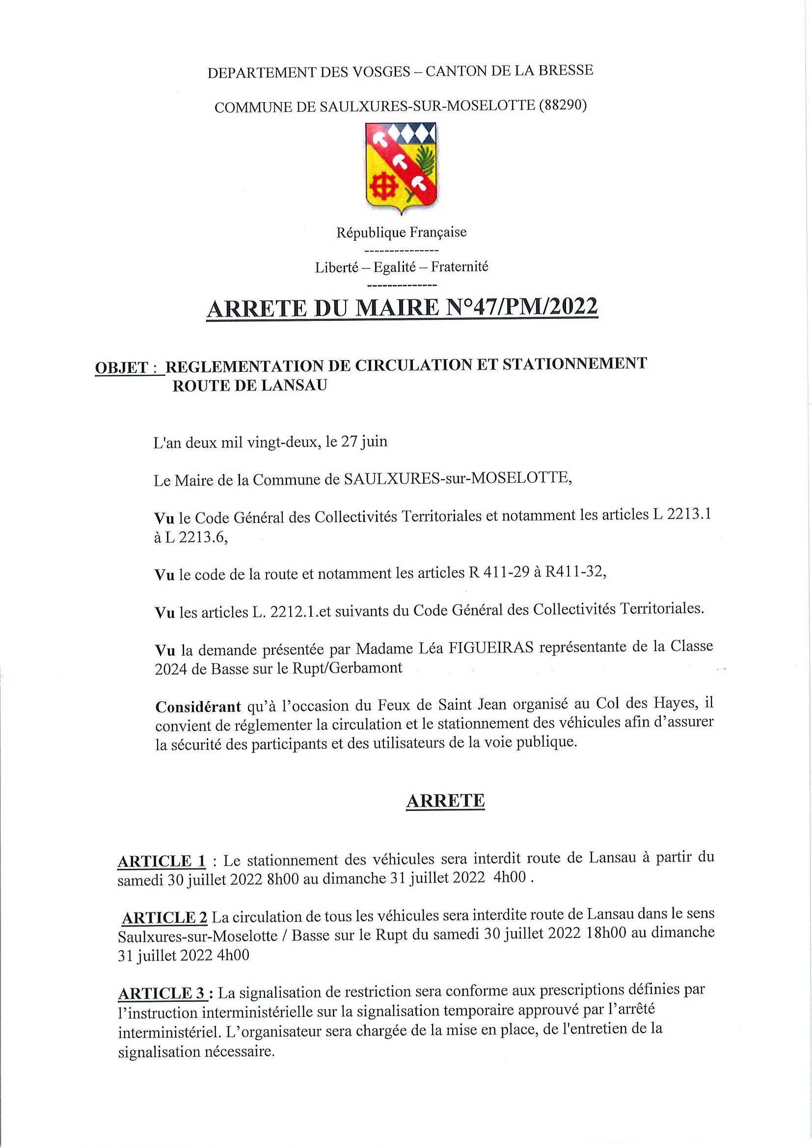 Arrê­té Pm N°47–2022 REGLE­MEN­TA­TION DE CIR­CU­LA­TION ROUTE DE LANSAU