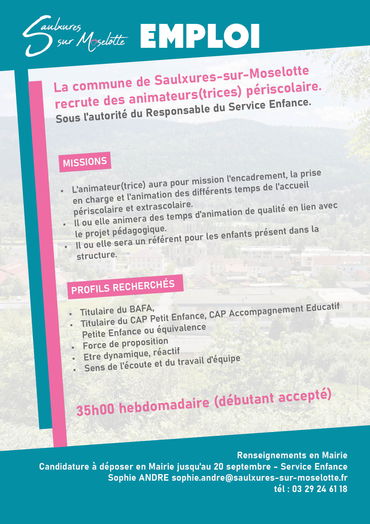 La com­mune de Saulxures-sur-Mose­lotte recrute des animateurs(trices) périscolaire