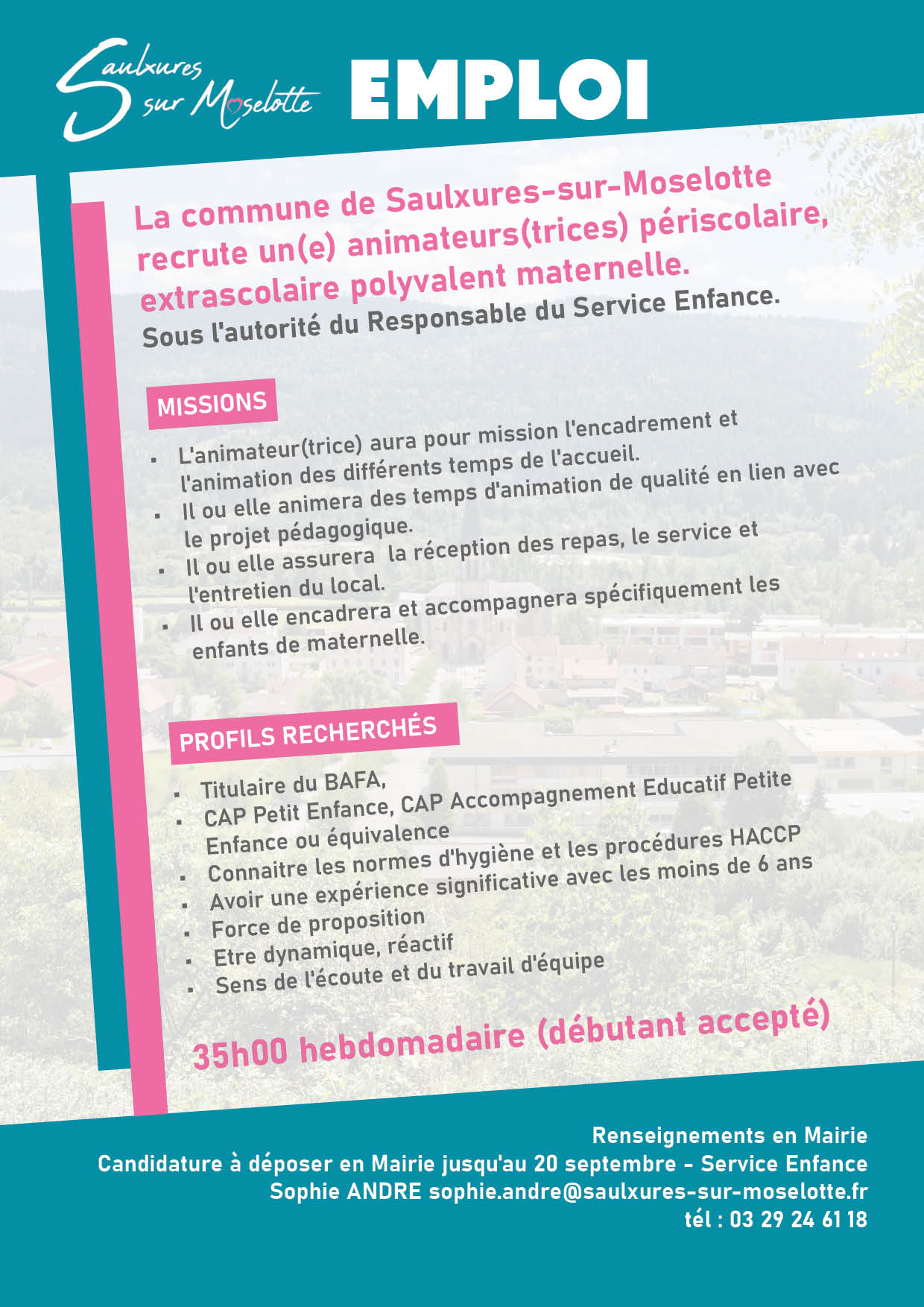 La com­mune de Saulxures-sur-Mose­lotte recrute un(e) animateurs(trices) péri­sco­laire, extra­s­co­laire poly­va­lent maternelle.