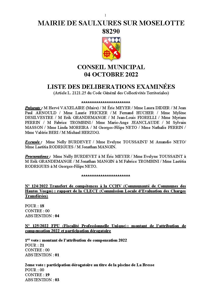 LISTE DES DELI­BE­RA­TIONS EXA­MI­NEES CONSEIL MUNI­CI­PAL 04 OCTOBRE 2022