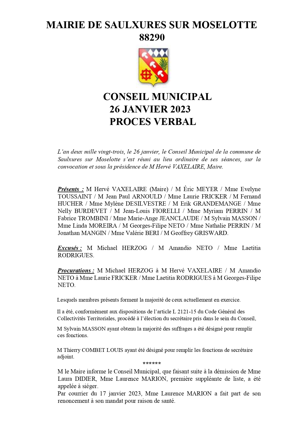 PROCES VER­BAL CONSEIL MUNI­CI­PAL 26 JAN­VIER 2023
