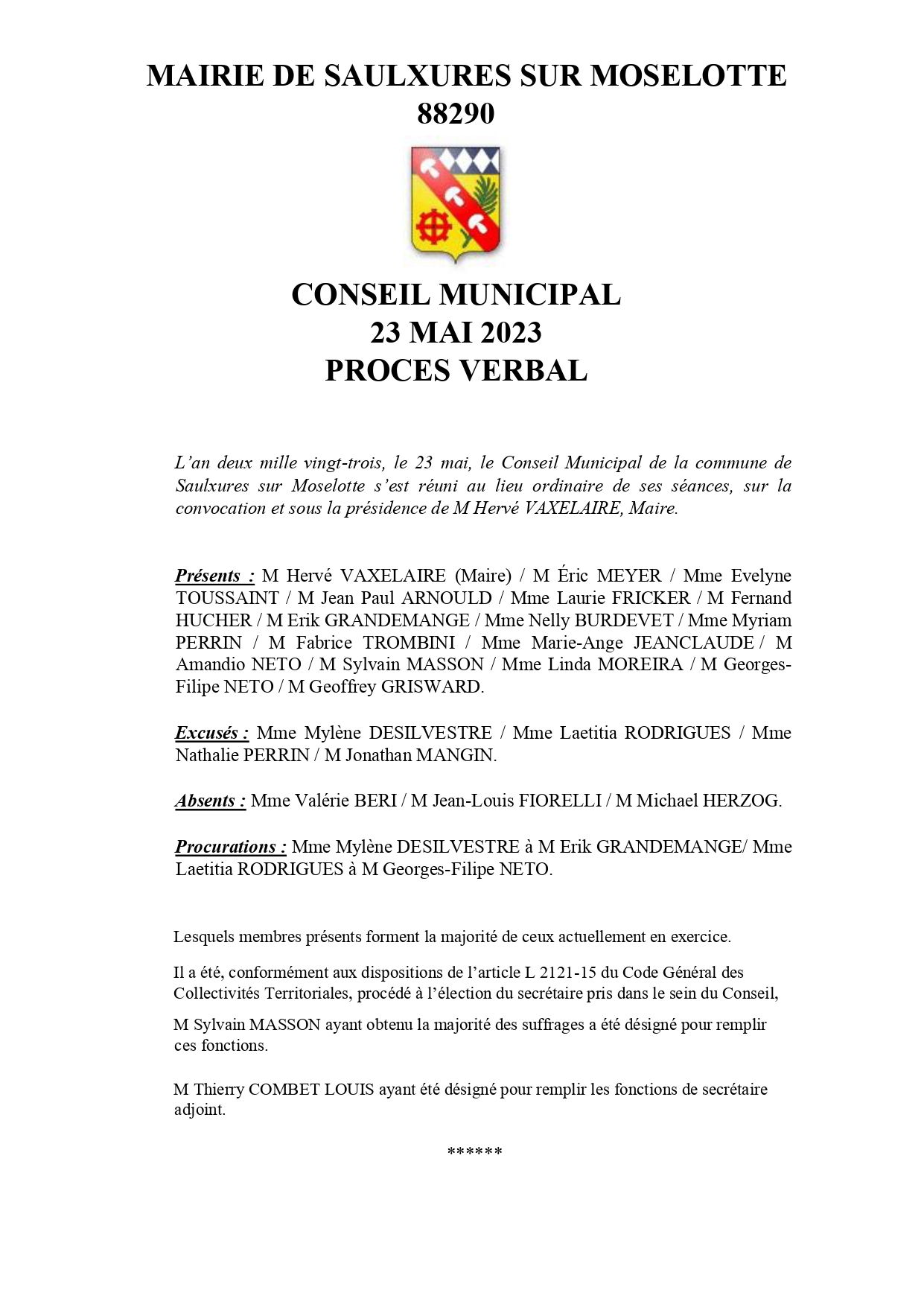 PRO­CÈS-VER­BAL CONSEIL MUNI­CI­PAL 23 MAI 2023