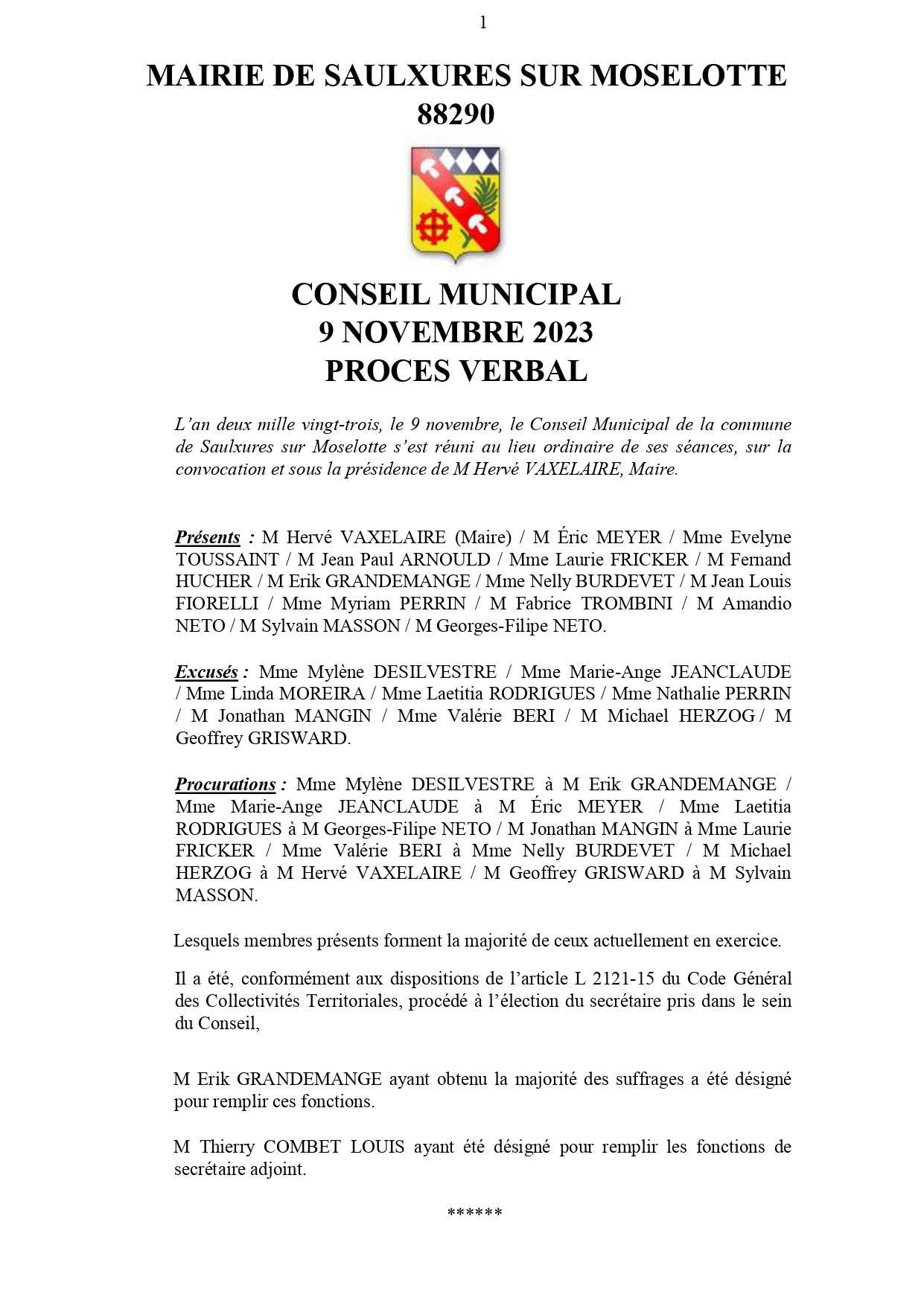 PRO­CÈS-VER­BAL CONSEIL MUNI­CI­PAL 9 NOVEMBRE 2023
