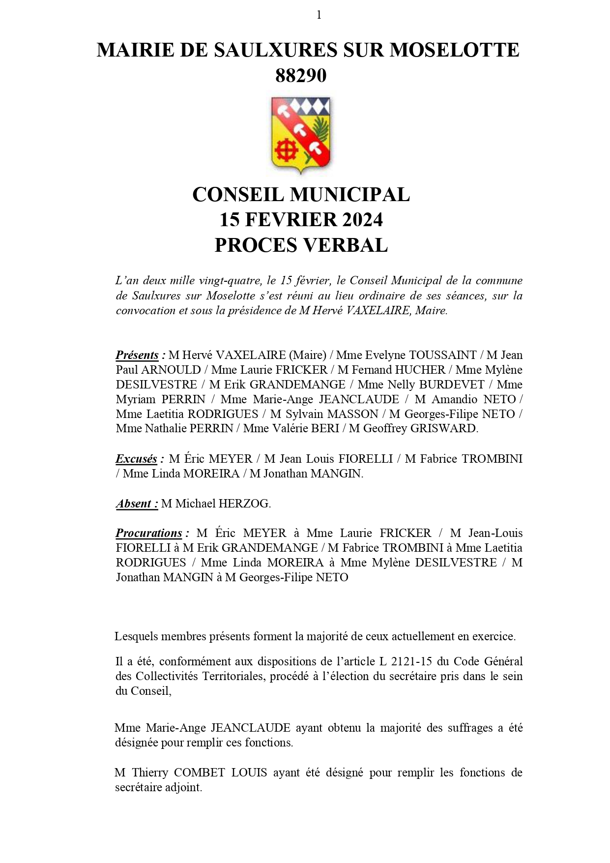 PRO­CÈS-VER­BAL CONSEIL MUNI­CI­PAL 15 FÉVRIER 2024