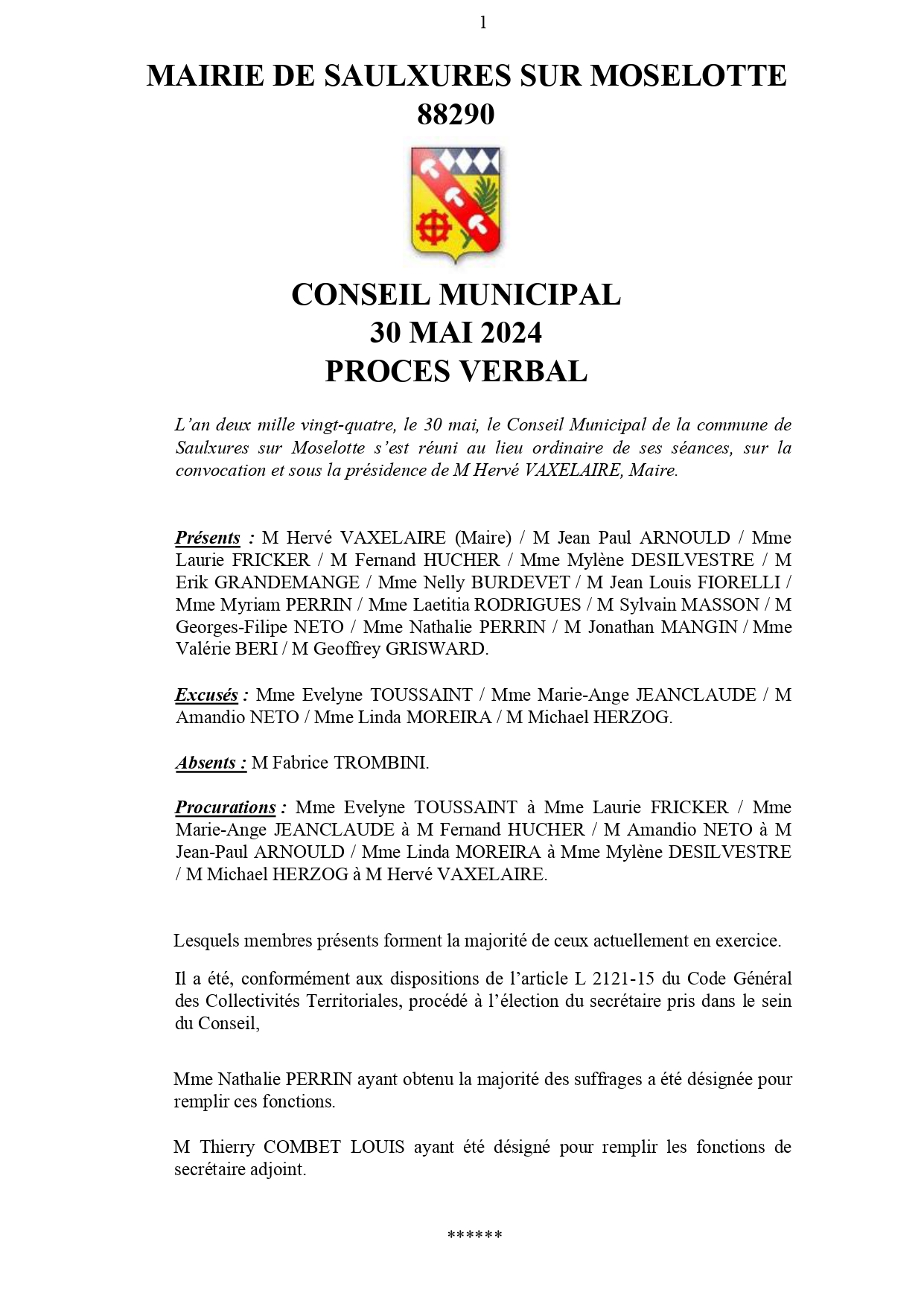 PRO­CÈS-VER­BAL CONSEIL MUNI­CI­PAL 30 MAI 2024