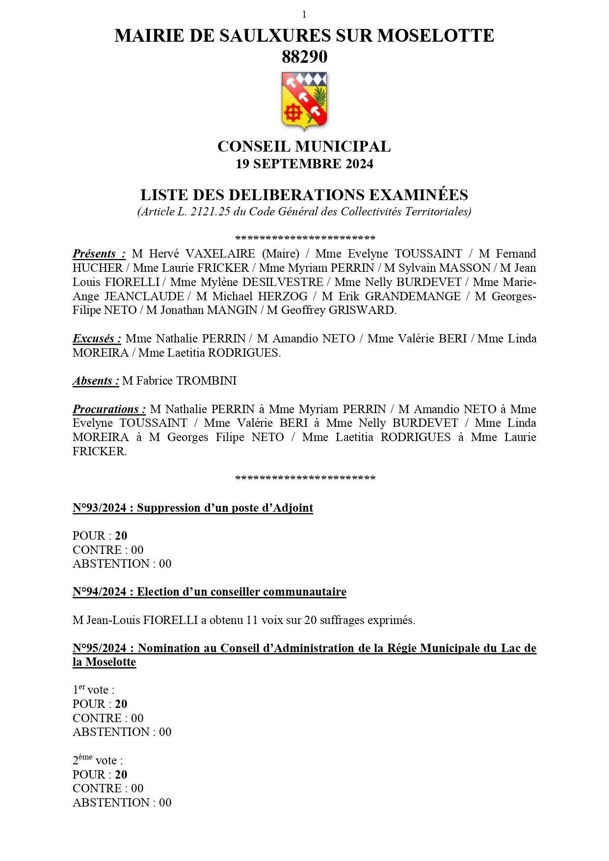 LISTE DES DÉLI­BÉ­RA­TIONS EXA­MI­NÉES CONSEIL MUNI­CI­PAL DU 19 SEP­TEMBRE 2024