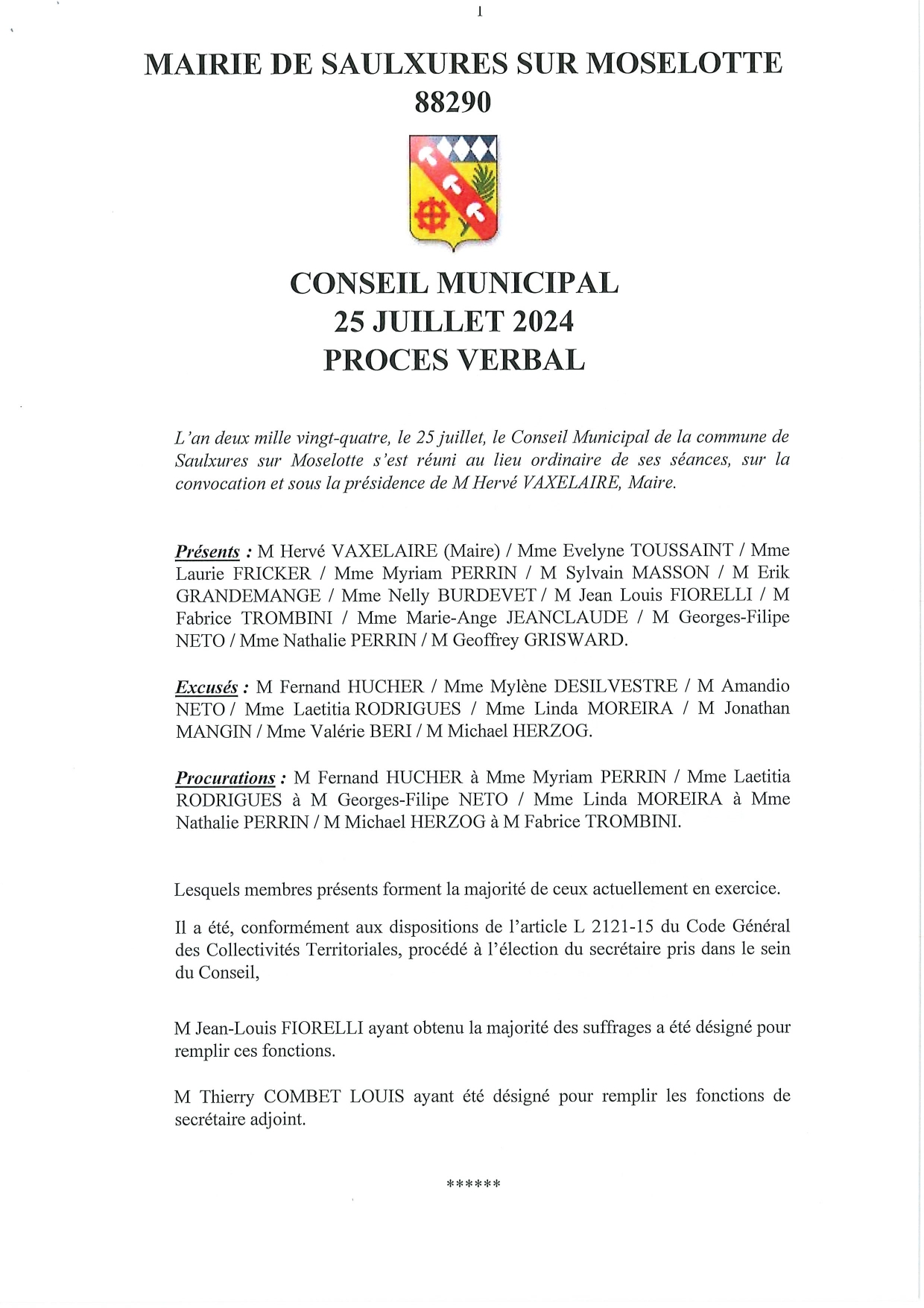PRO­CÈS-VER­BAL CONSEIL MUNI­CI­PAL 25 JUILLET 2024