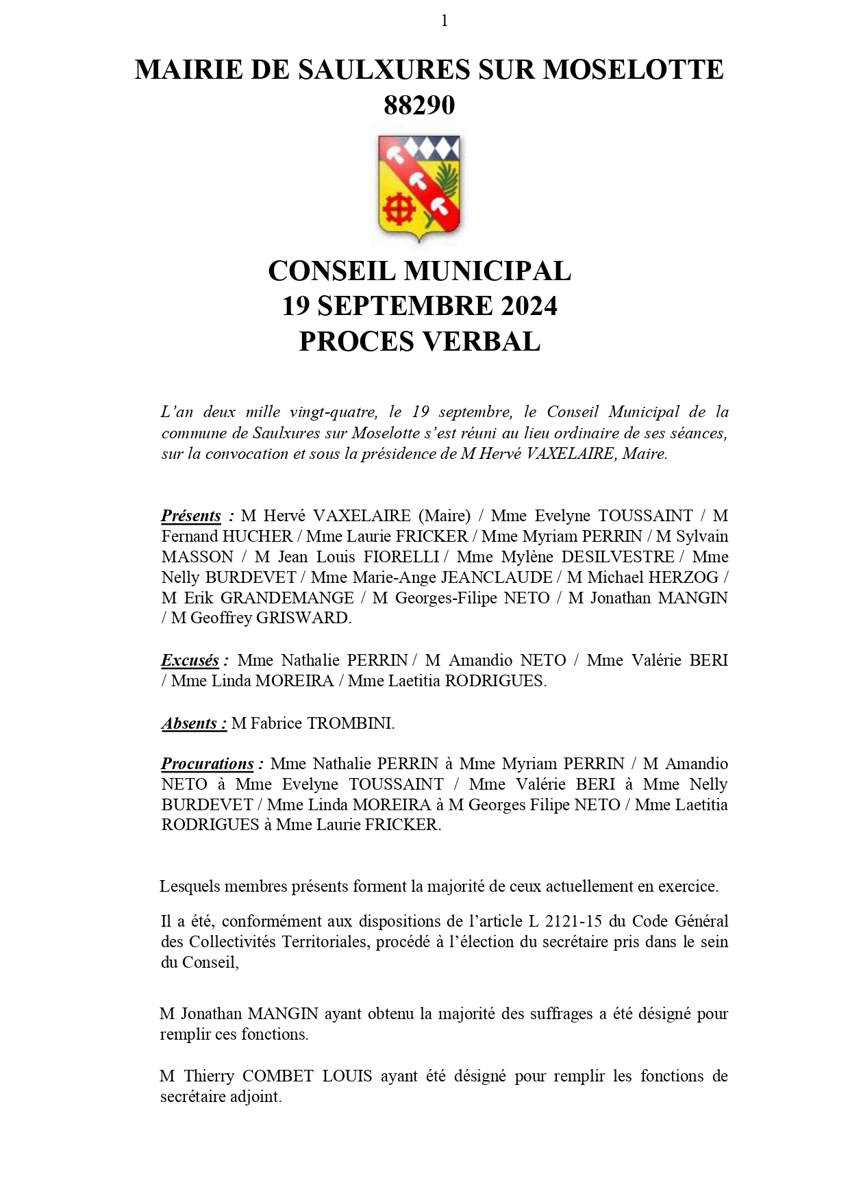 PRO­CÈS-VER­BAL CONSEIL MUNI­CI­PAL 19 SEP­TEMBRE 2024