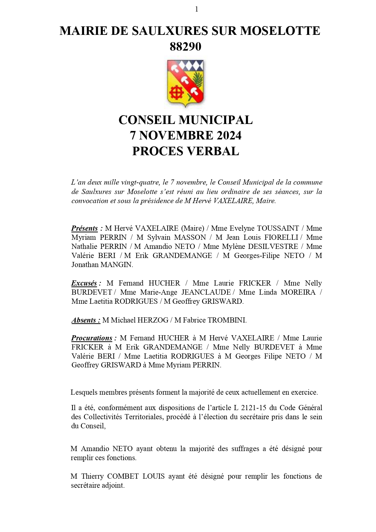 PRO­CÈS-VER­BAL CONSEIL MUNI­CI­PAL 07 NOVEMBRE 2024