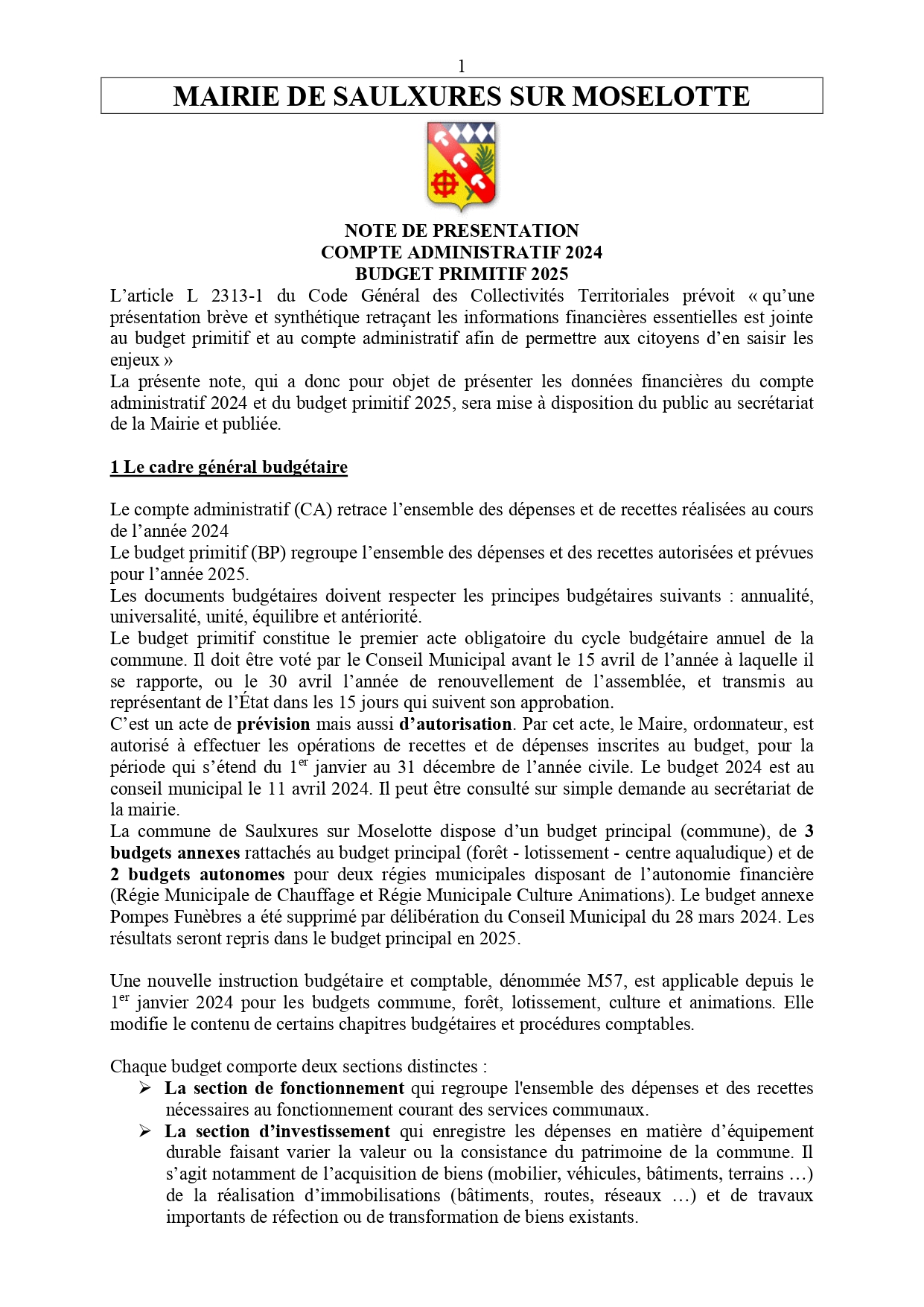 NOTE DE PRÉ­SEN­TA­TION — compte admi­nis­tra­tif 2024 et bud­get pri­mi­tif 2025