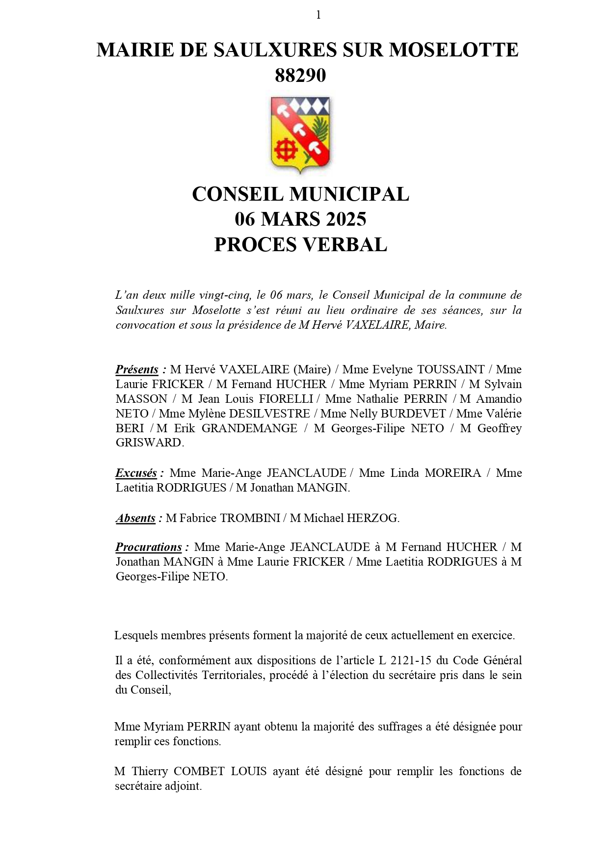 PRO­CÈS VER­BAL CONSEIL MUNI­CI­PAL 06 MARS 2025