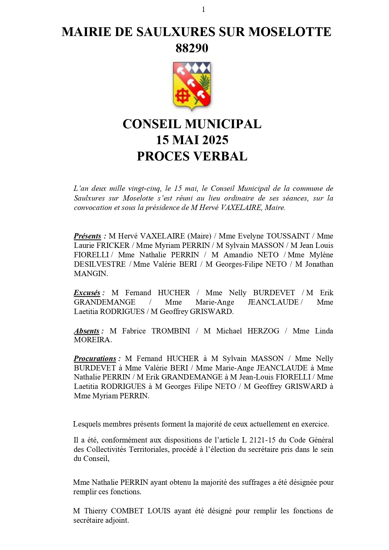 PRO­CÈS VER­BAL CONSEIL MUNI­CI­PAL 15 MAI 2025