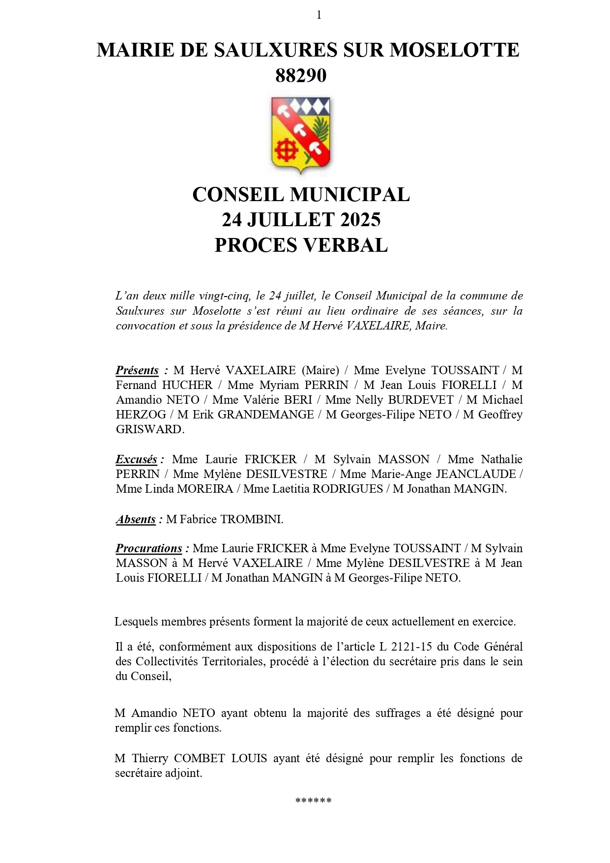 PRO­CÈS VER­BAL CONSEIL MUNI­CI­PAL 24 JUILLET 2025