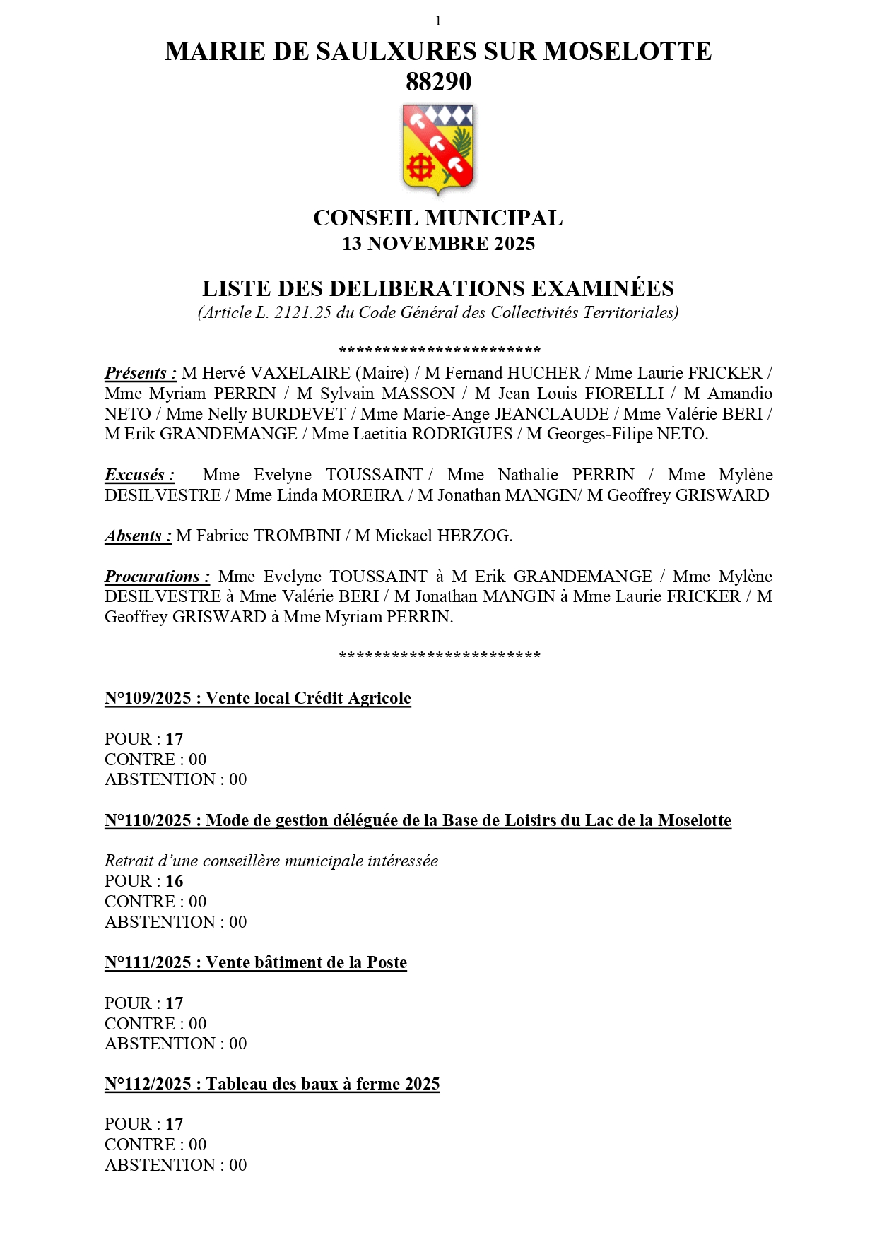 LISTE DES DÉLI­BÉ­RA­TIONS EXA­MI­NÉES CONSEIL MUNI­CI­PAL 13 NOVEMBRE 2025