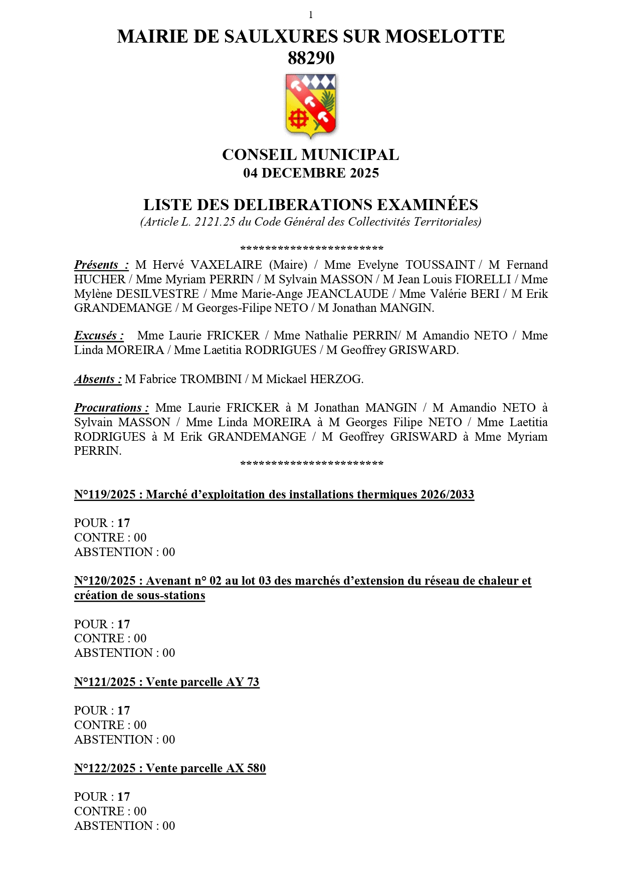 LISTE DES DÉLI­BÉ­RA­TIONS EXA­MI­NÉES CONSEIL MUNI­CI­PAL 04 DÉCEMBRE 2025