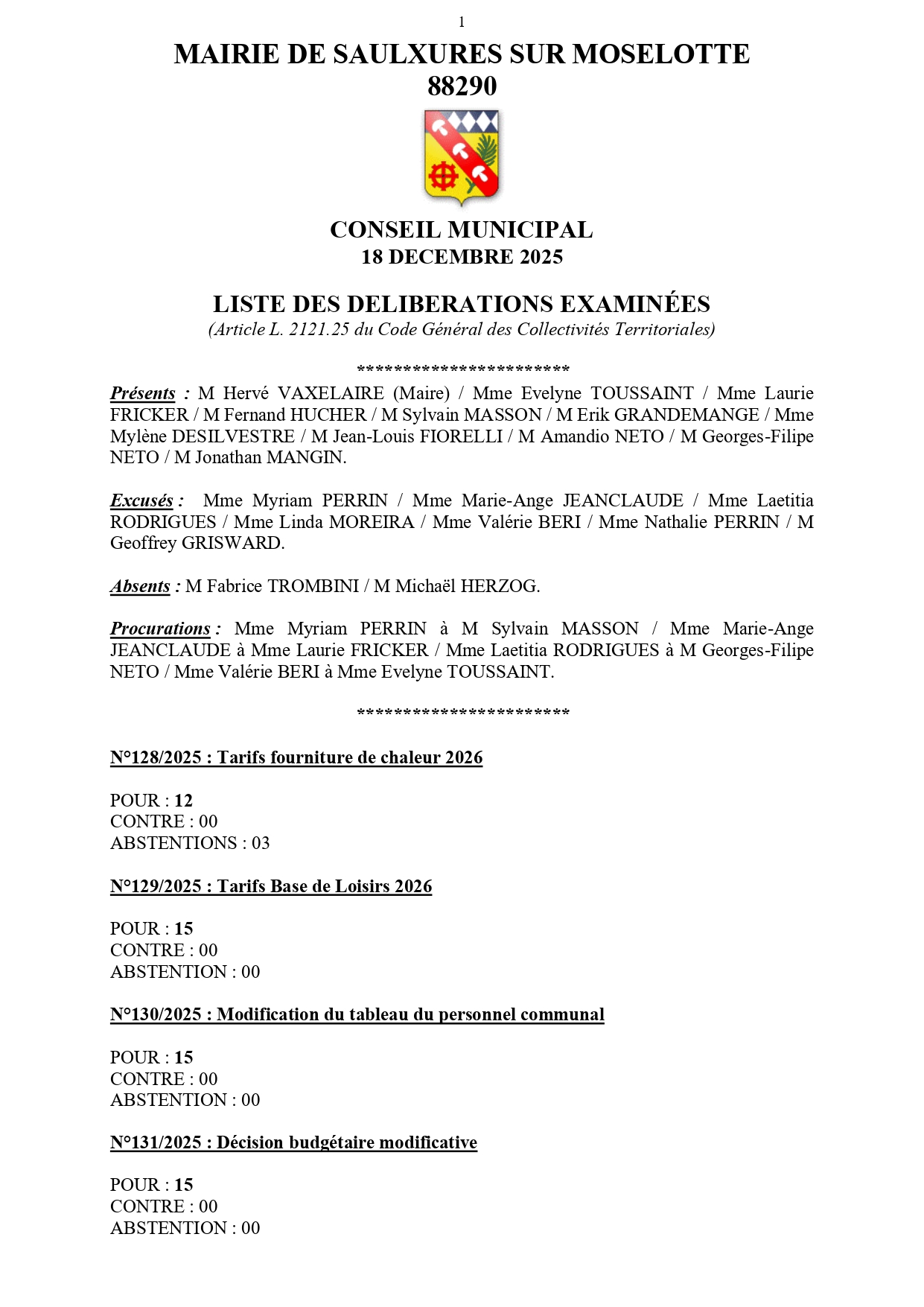 LISTE DES DÉLI­BÉ­RA­TIONS EXA­MI­NÉES CONSEIL MUNI­CI­PAL 18 DÉCEMBRE 2025
