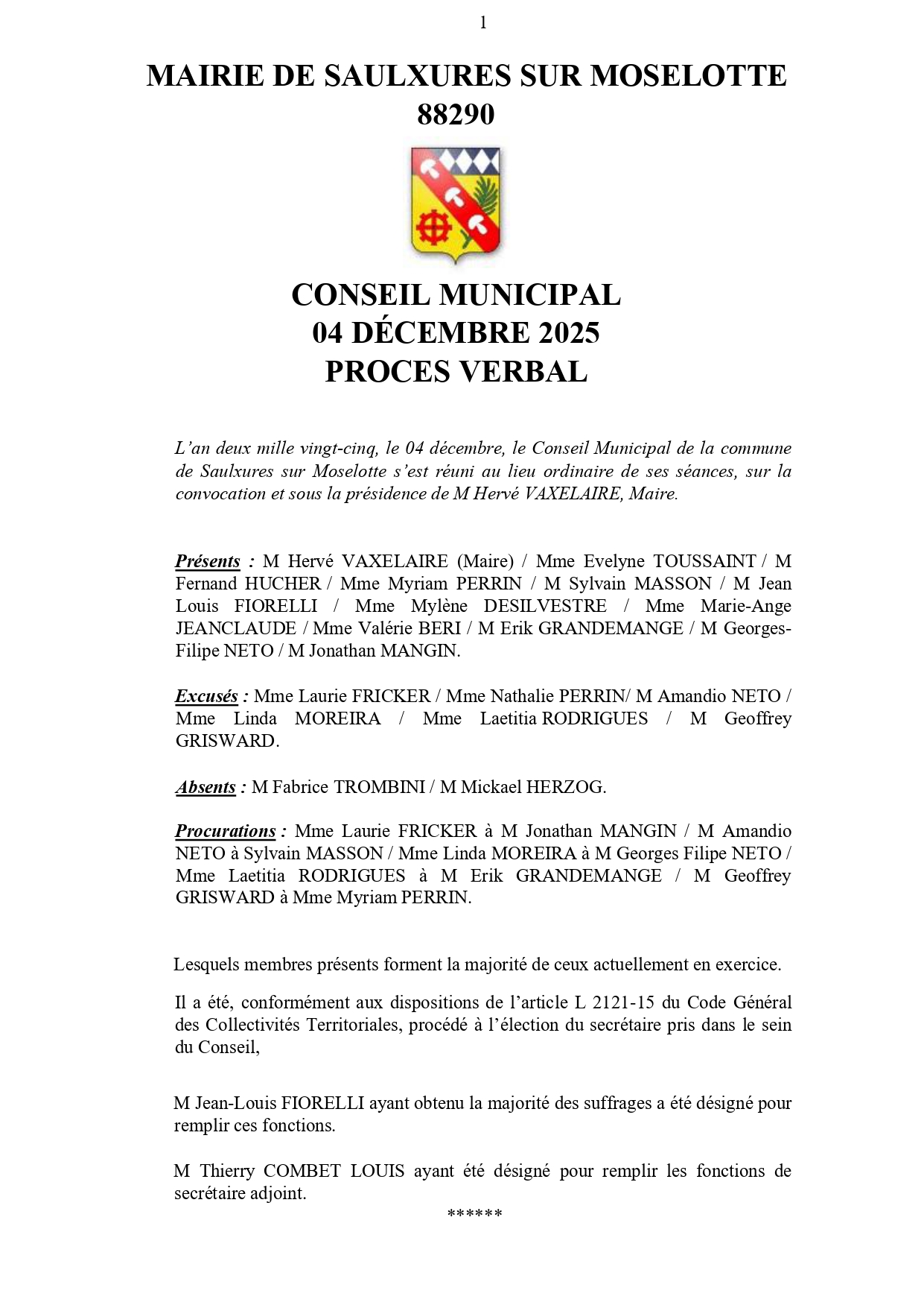 PRO­CÈS VER­BAL CONSEIL MUNI­CI­PAL 04 DÉCEMBRE 2025
