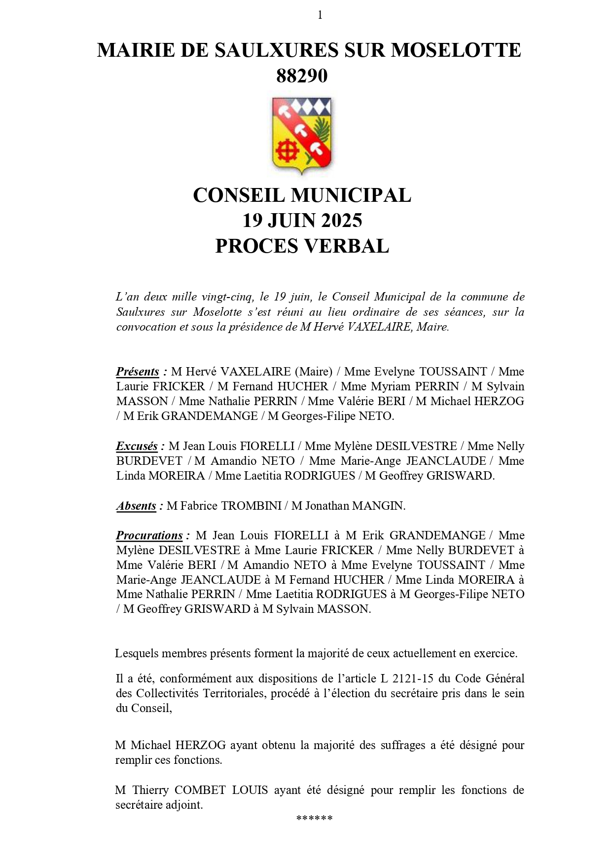 PRO­CÈS VER­BAL CONSEIL MUNI­CI­PAL 19 JUIN&nbsp;2025