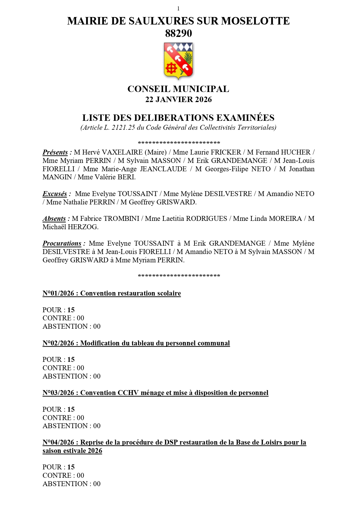 LISTE DES DÉLI­BÉ­RA­TIONS EXA­MI­NÉES CONSEIL MUNI­CI­PAL 22 JAN­VIER&nbsp;2026