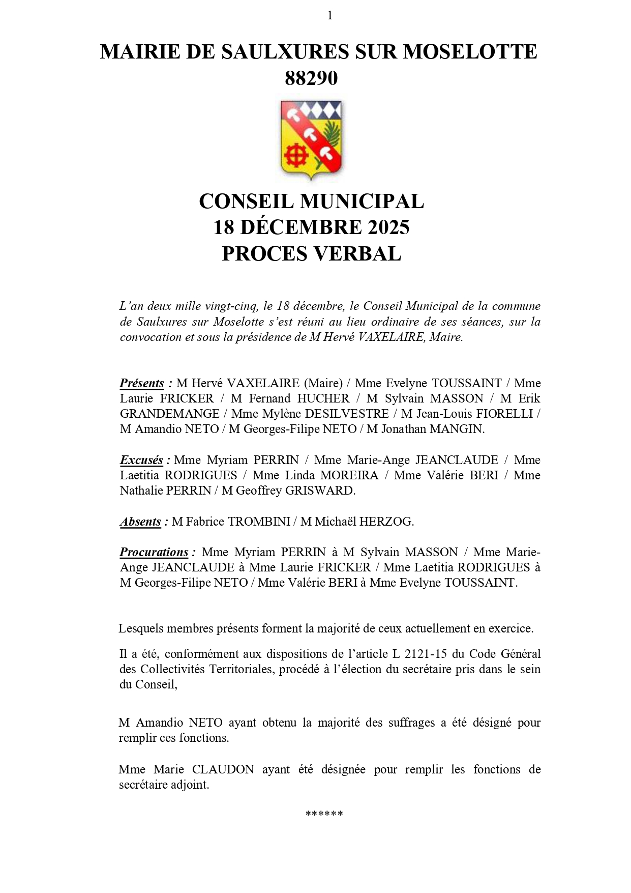 PRO­CÈS VER­BAL CONSEIL MUNI­CI­PAL 18 DÉCEMBRE 2025