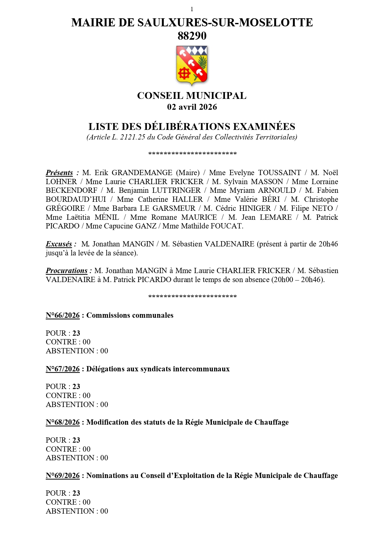 LISTE DES DÉLI­BÉ­RA­TIONS EXA­MI­NÉES CONSEIL MUNI­CI­PAL 02 AVRIL&nbsp;2026