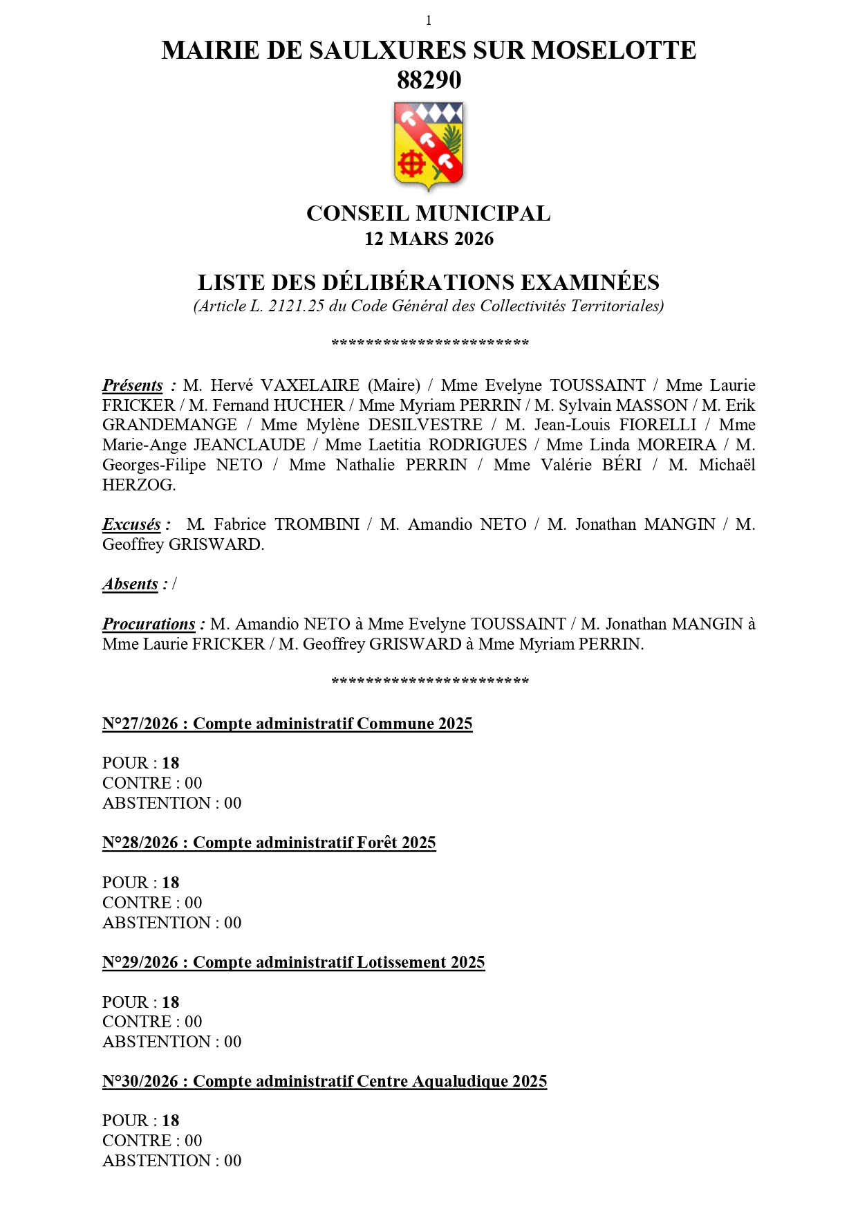 LISTE DES DÉLI­BÉ­RA­TIONS EXA­MI­NÉES CONSEIL MUNI­CI­PAL 12 MARS&nbsp;2026