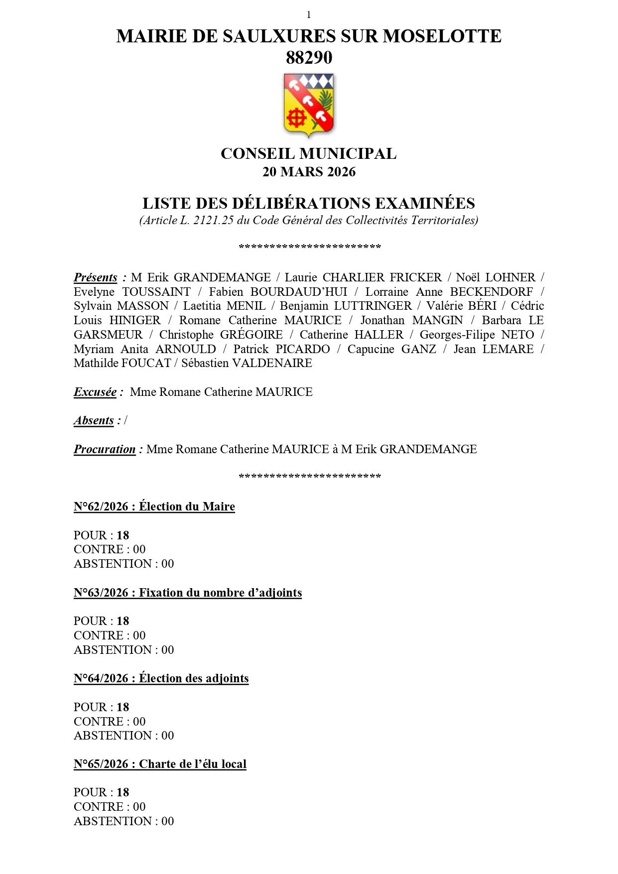 LISTE DES DÉLI­BÉ­RA­TIONS EXA­MI­NÉES CONSEIL MUNI­CI­PAL 20 MARS&nbsp;2026