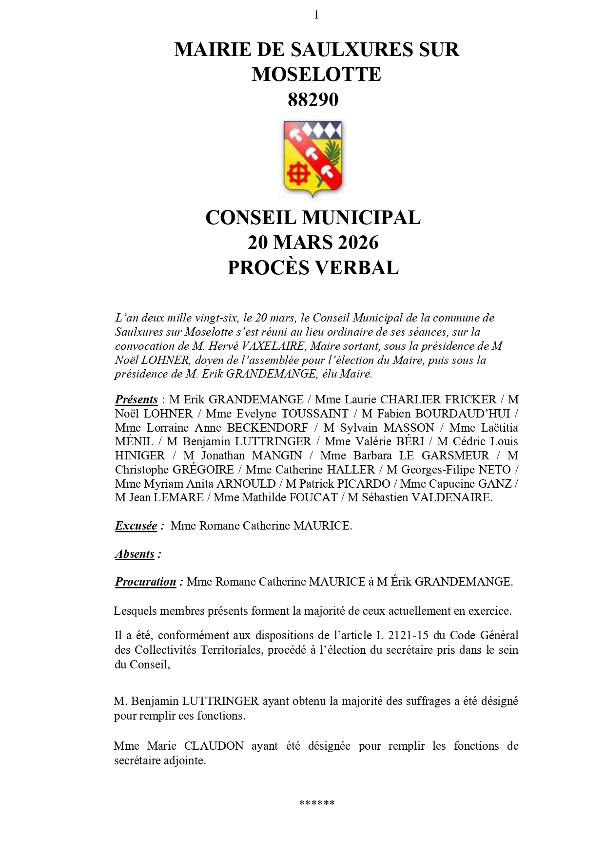 PRO­CÈS VER­BAL CONSEIL MUNI­CI­PAL 20 MARS&nbsp;2026