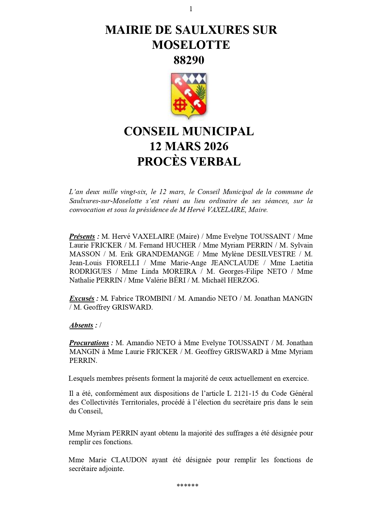 PRO­CÈS VER­BAL CONSEIL MUNI­CI­PAL 12 MARS&nbsp;2026