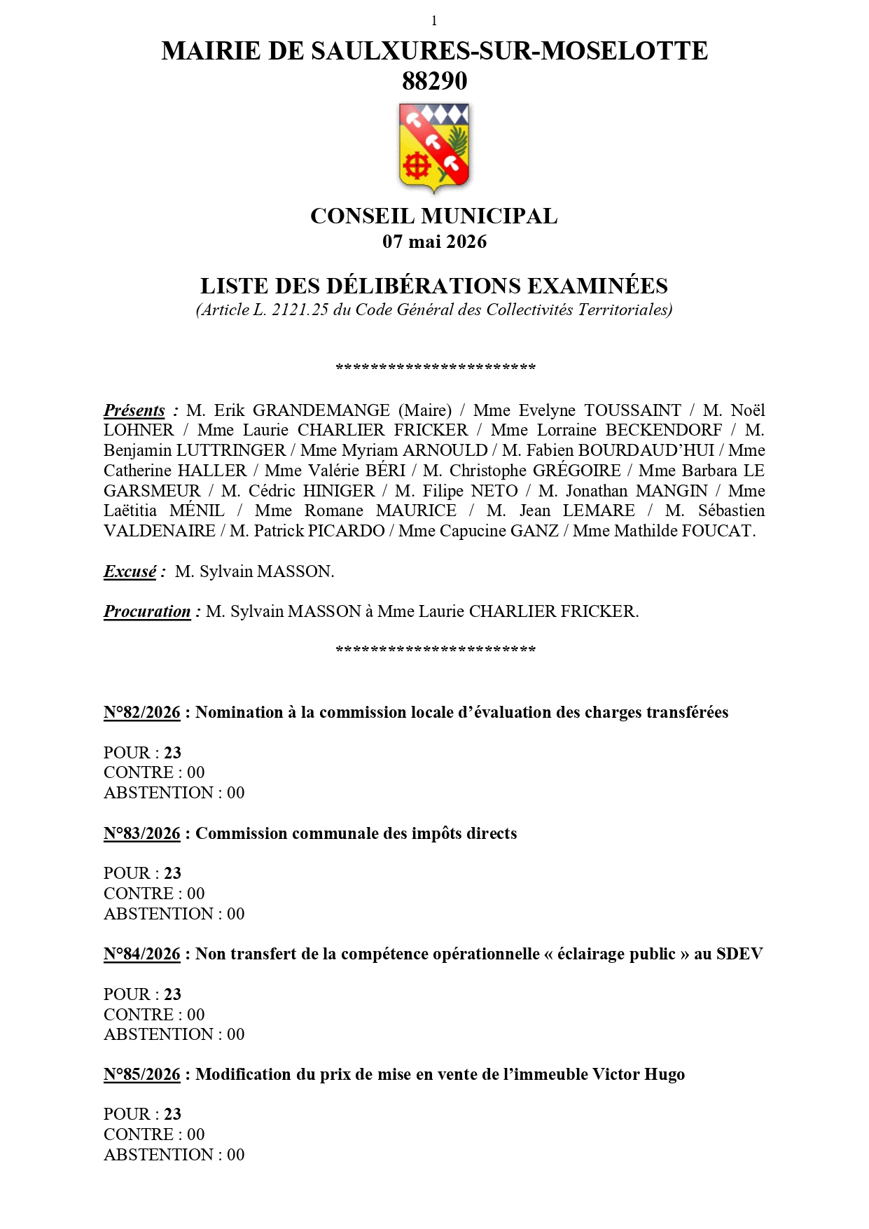 LISTE DES DÉLI­BÉ­RA­TIONS EXA­MI­NÉES CONSEIL MUNI­CI­PAL 07 MAI&nbsp;2026