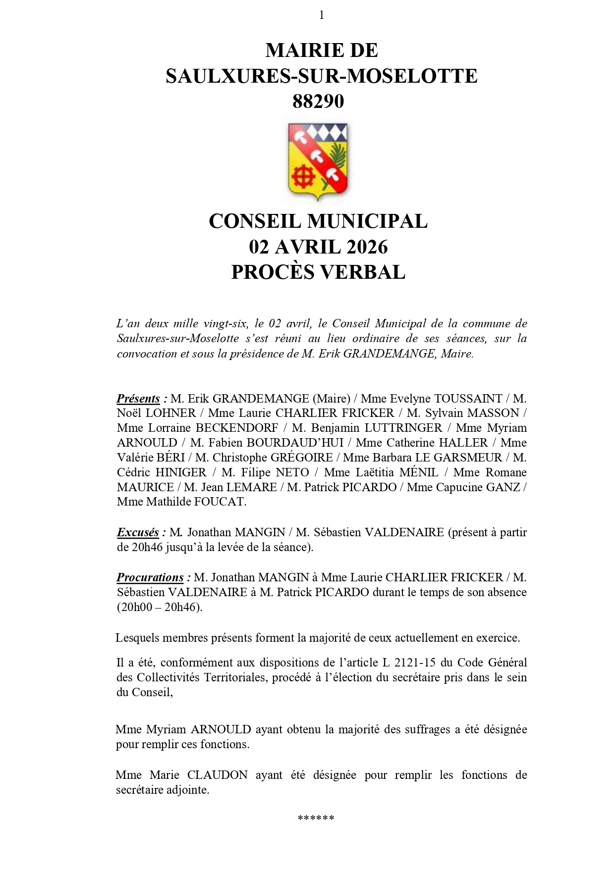 PRO­CÈS VER­BAL CONSEIL MUNI­CI­PAL 02 AVRIL&nbsp;2026