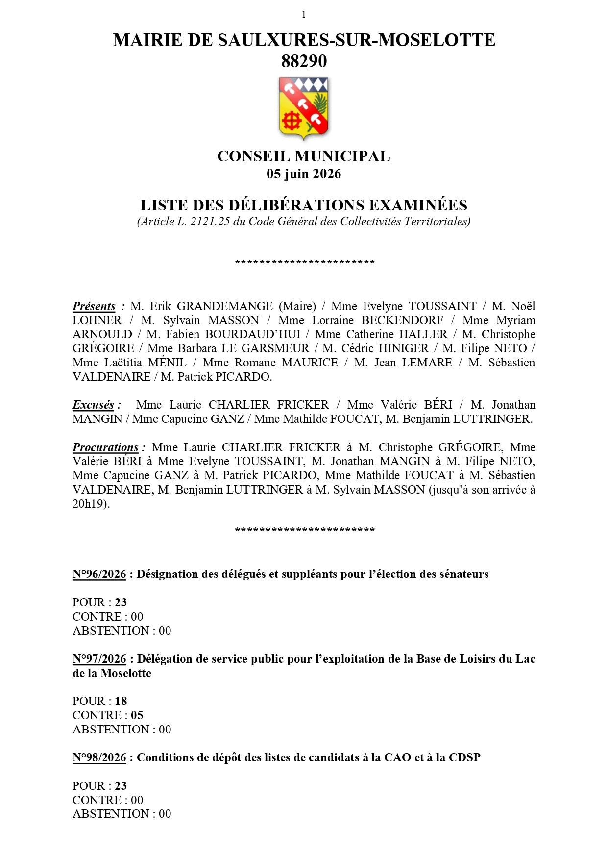 LISTE DES DÉLIBÉRATIONS EXAMINÉES CONSEIL MUNICIPAL 05 JUIN 2026