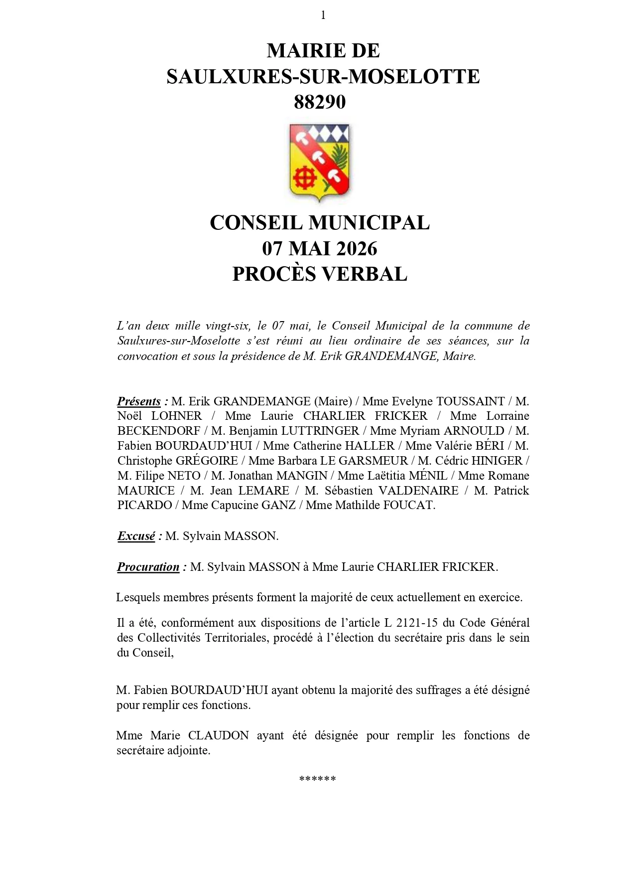 PROCÈS VERBAL CONSEIL MUNICIPAL 07 MAI 2026