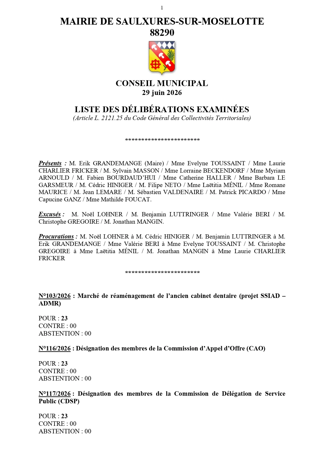 LISTE DES DÉLIBÉRATIONS EXAMINÉES CONSEIL MUNICIPAL 29 JUIN 2026