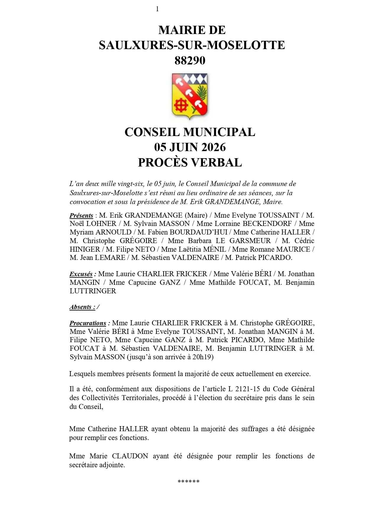 PROCÈS VERBAL CONSEIL MUNICIPAL 05 JUIN 2026