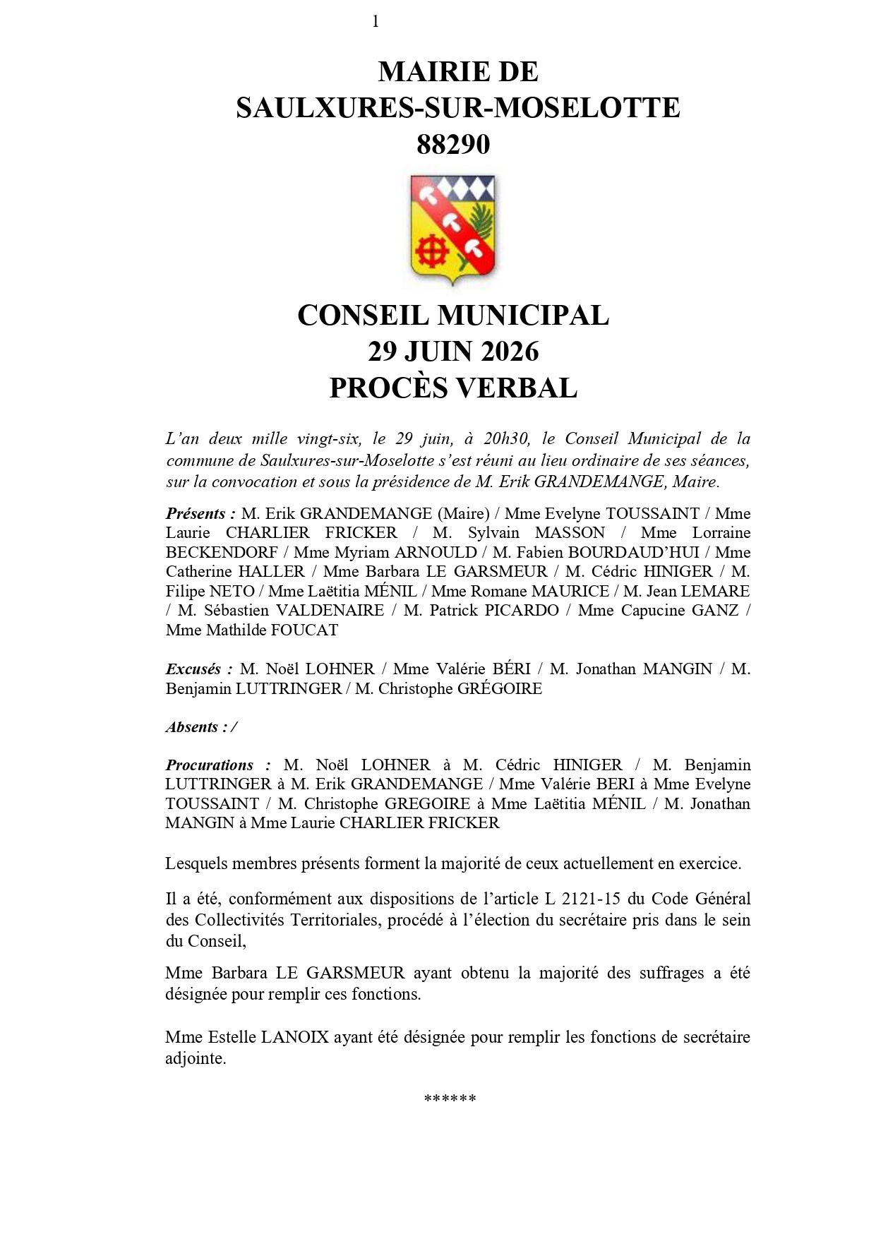 PRO­CÈS VER­BAL CONSEIL MUNI­CI­PAL 29 JUIN&nbsp;2026